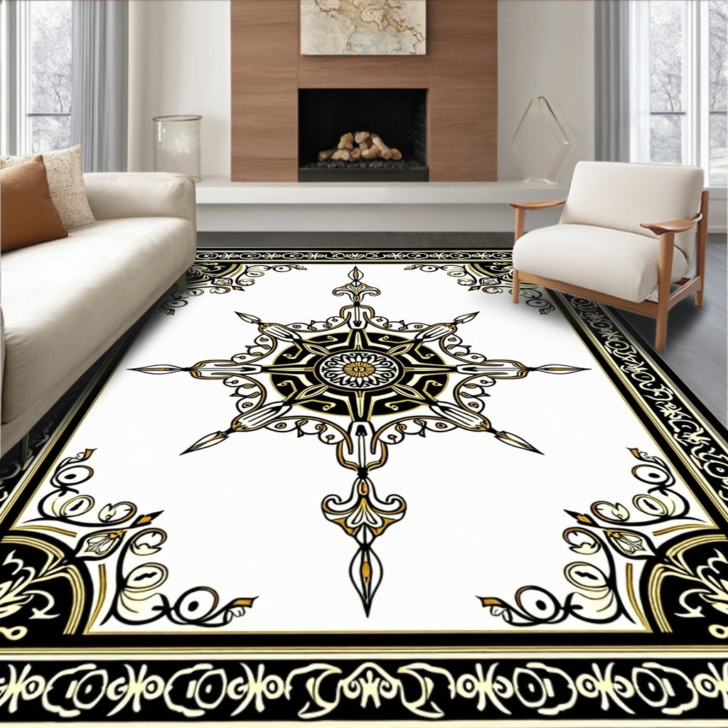 Ornate Black and Gold Starburst Frame Rug