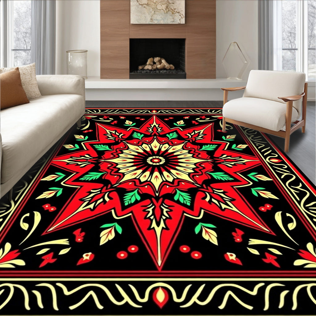 Bold Red Sunburst Floral Frame Rug