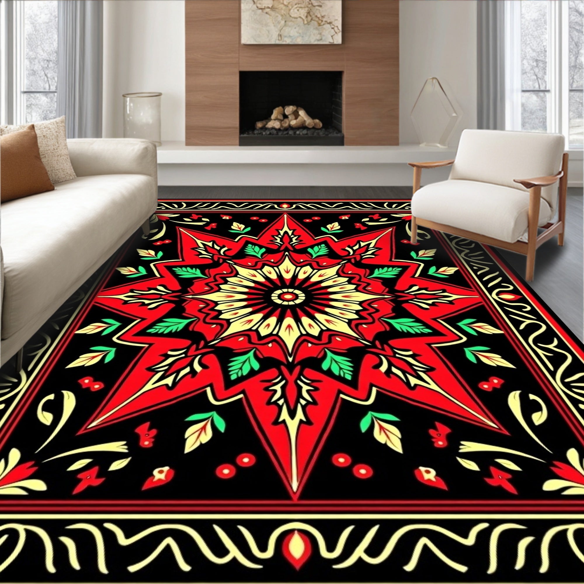 Bold Red Sunburst Floral Frame Rug