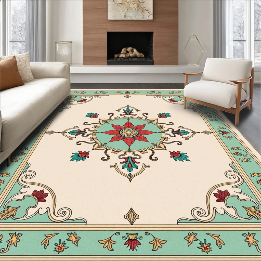 Elegant Teal Red Floral Medallion Rug