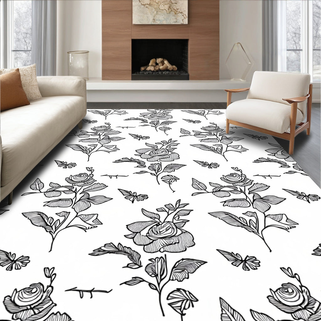 Classic Black White Rose Butterfly Garden Rug