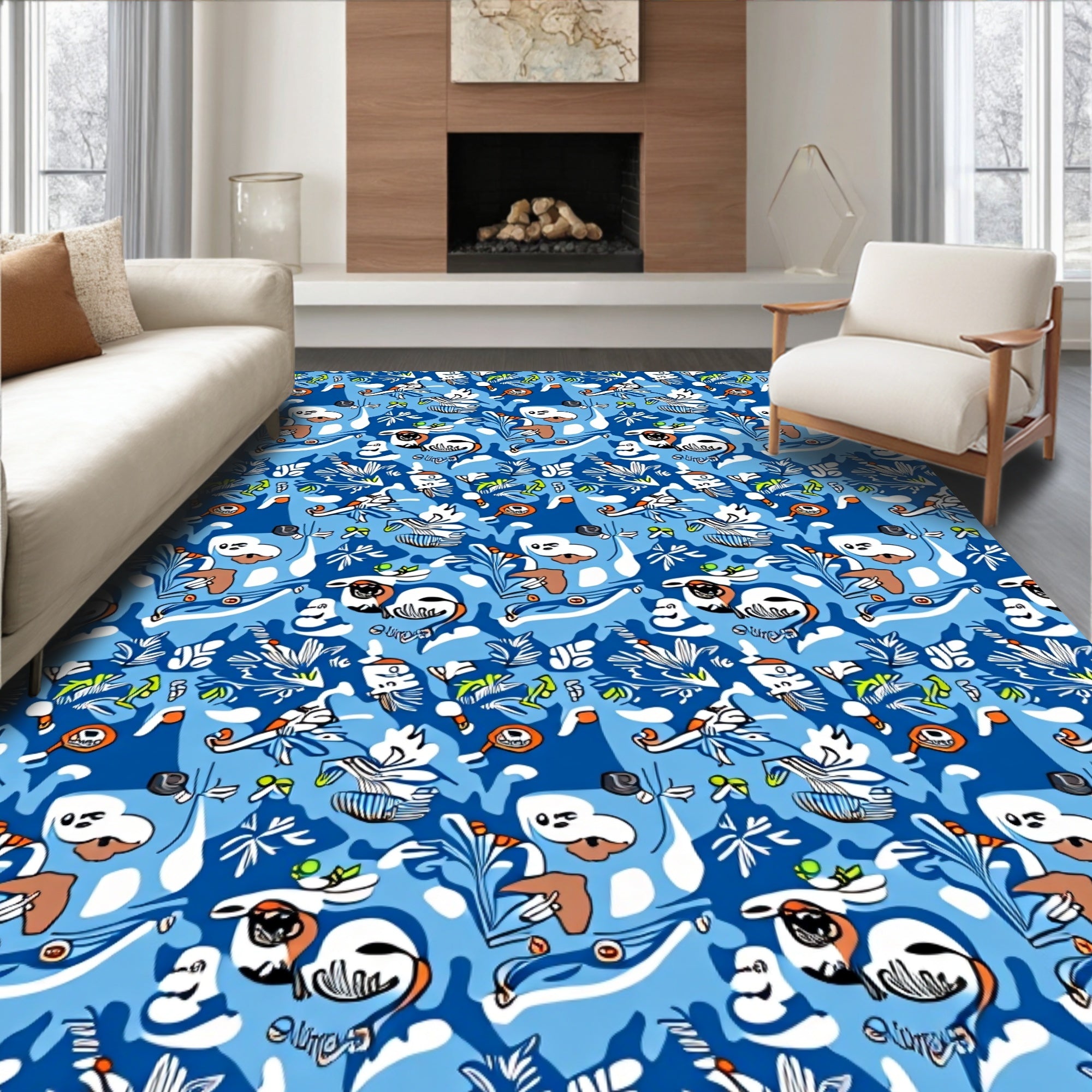 Whimsical Blue Abstract Woodland Creatures Rug