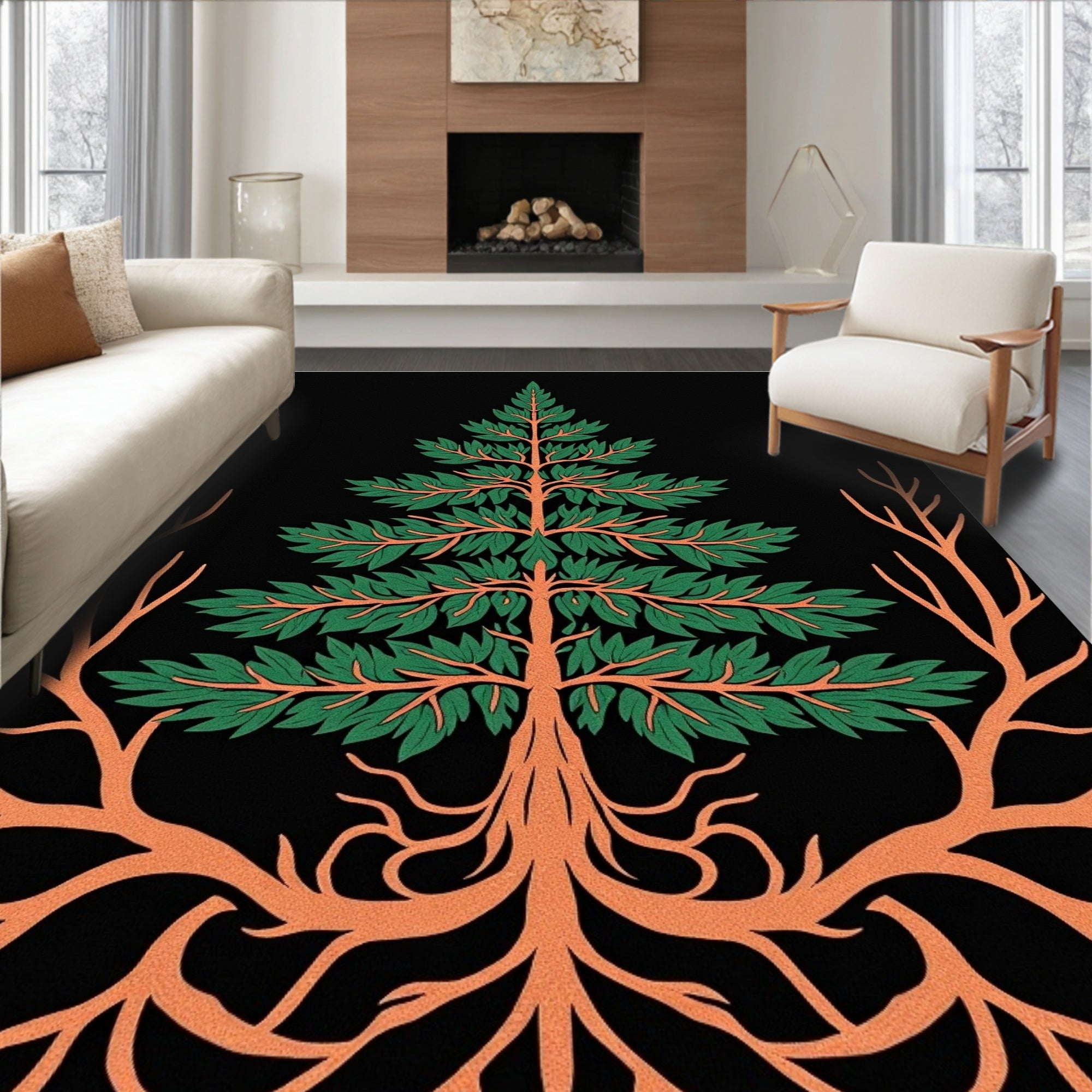 Green Tree Rooted Black Background Art Rug