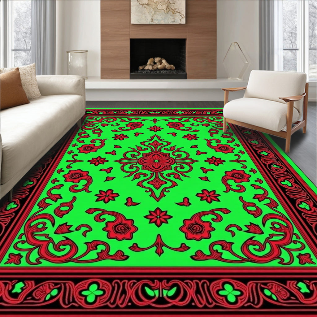 Vibrant Red Floral Emerald Border Rug