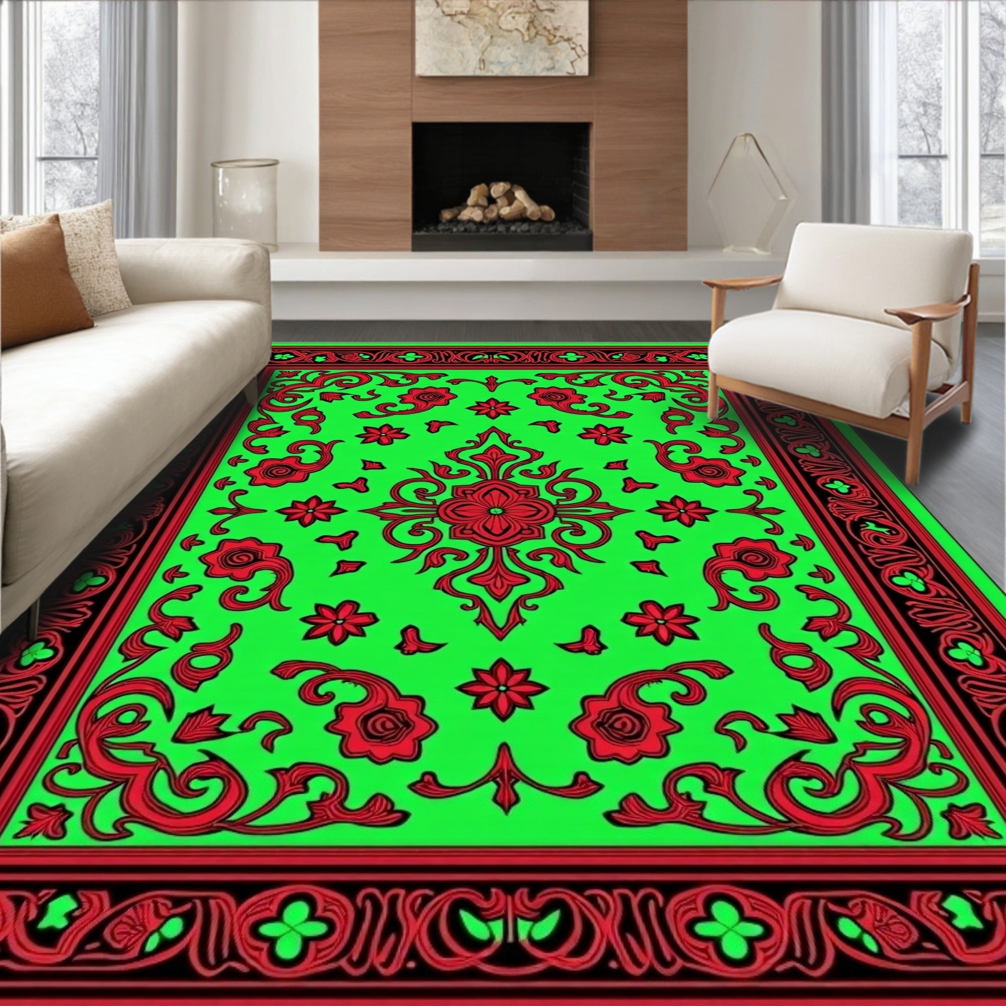Vibrant Red Floral Emerald Border Rug