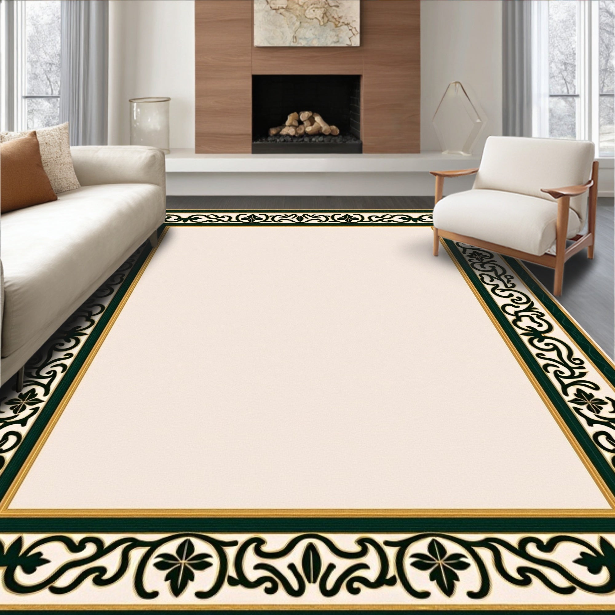 Elegant Ivory Scrollwork Vine Border Rug