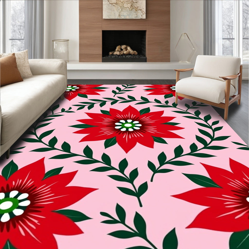 Bold Red Floral Vines Pink Background Rug