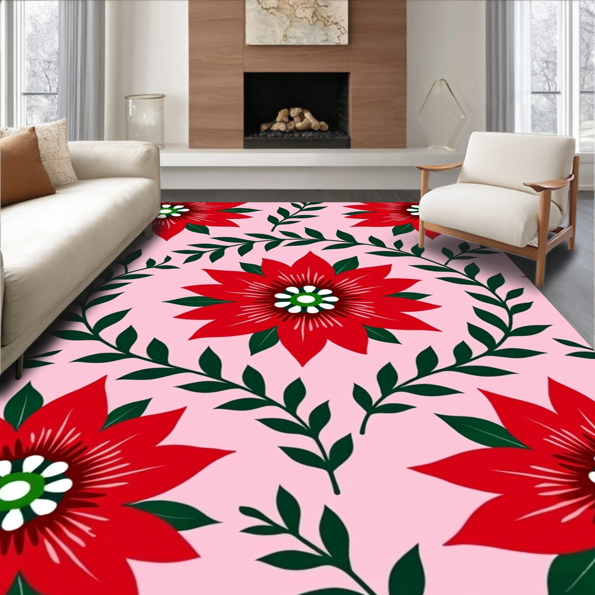 Bold Red Floral Vines Pink Background Rug
