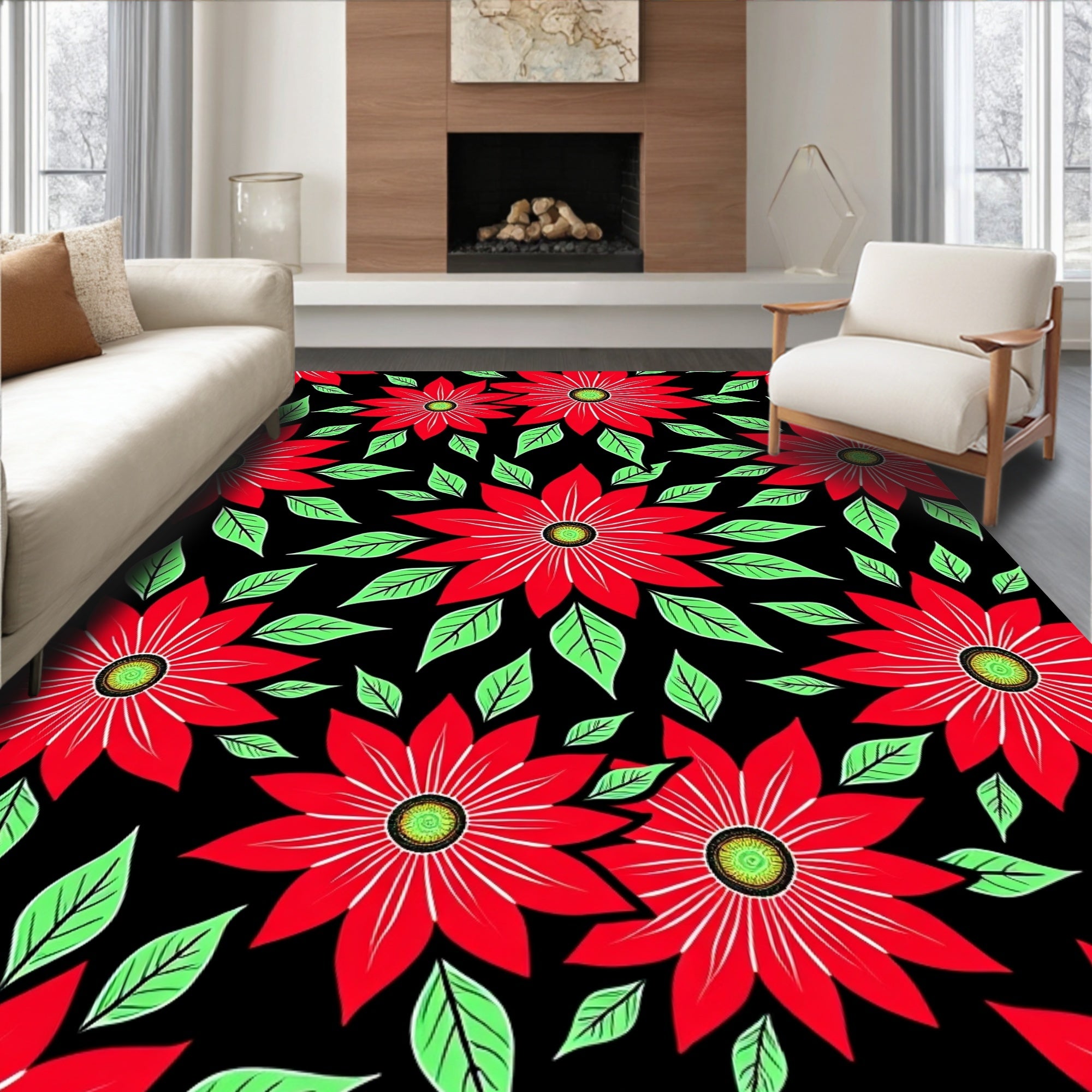 Bold Red Floral Garden Black Ground Rug