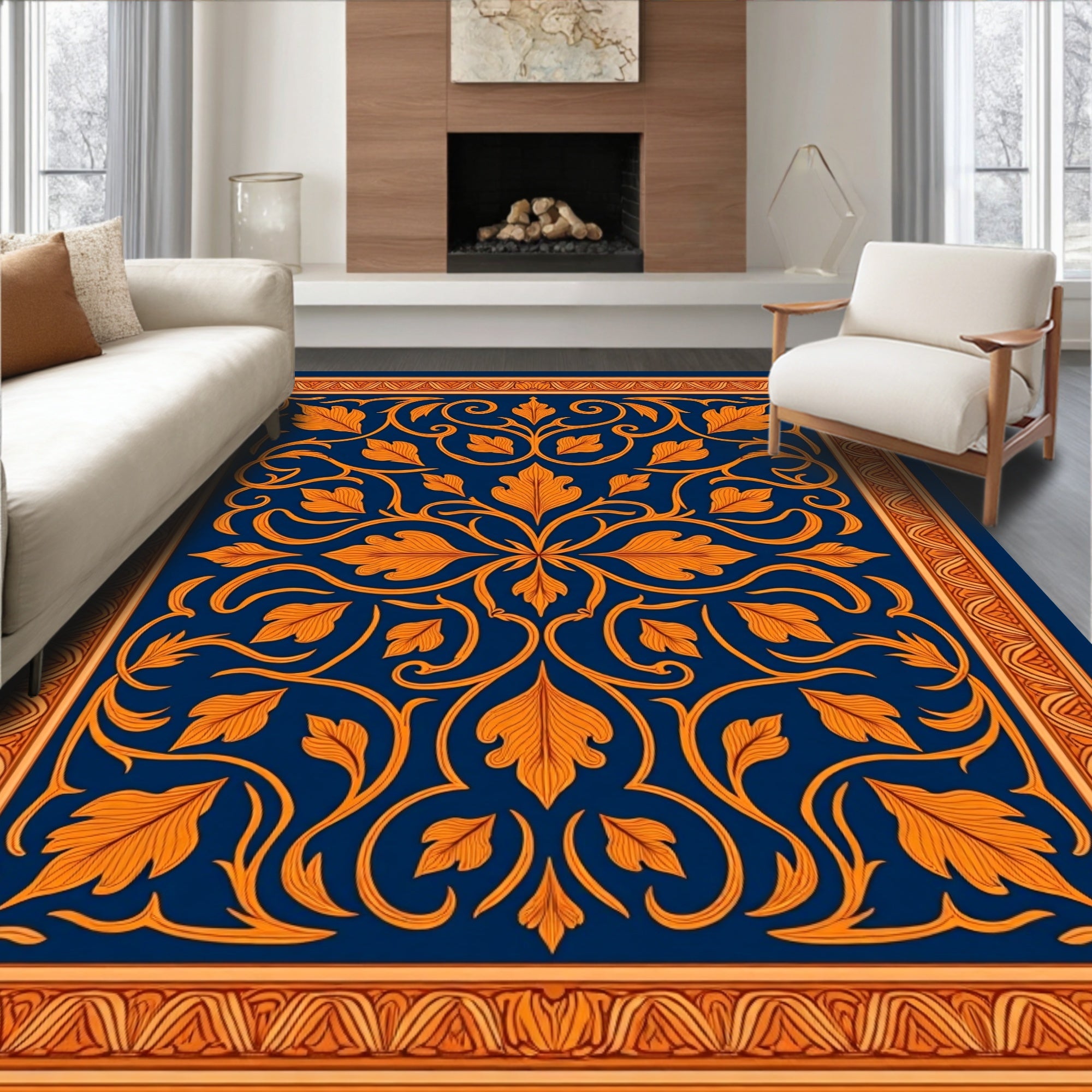 Golden Leaf Scrollwork Navy Rug