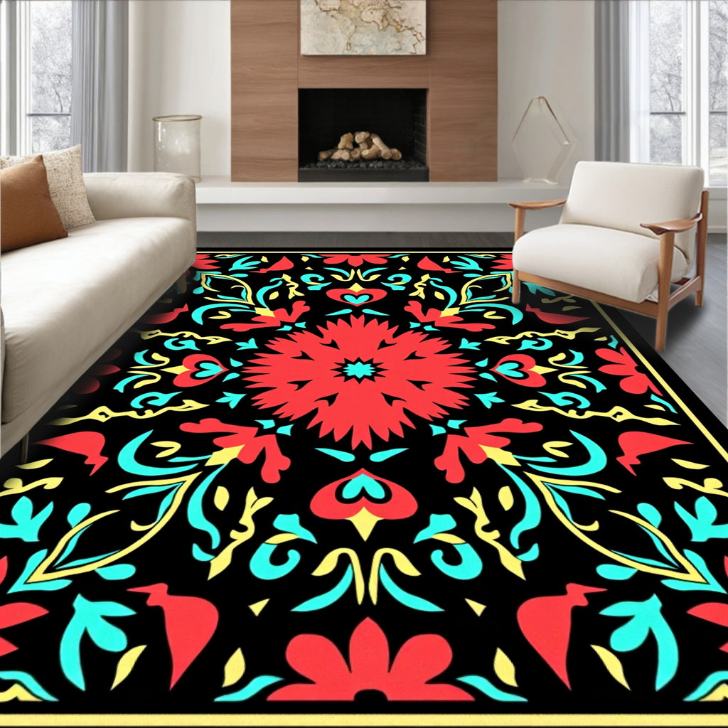 Vibrant Red Floral Symmetry Medallion Rug