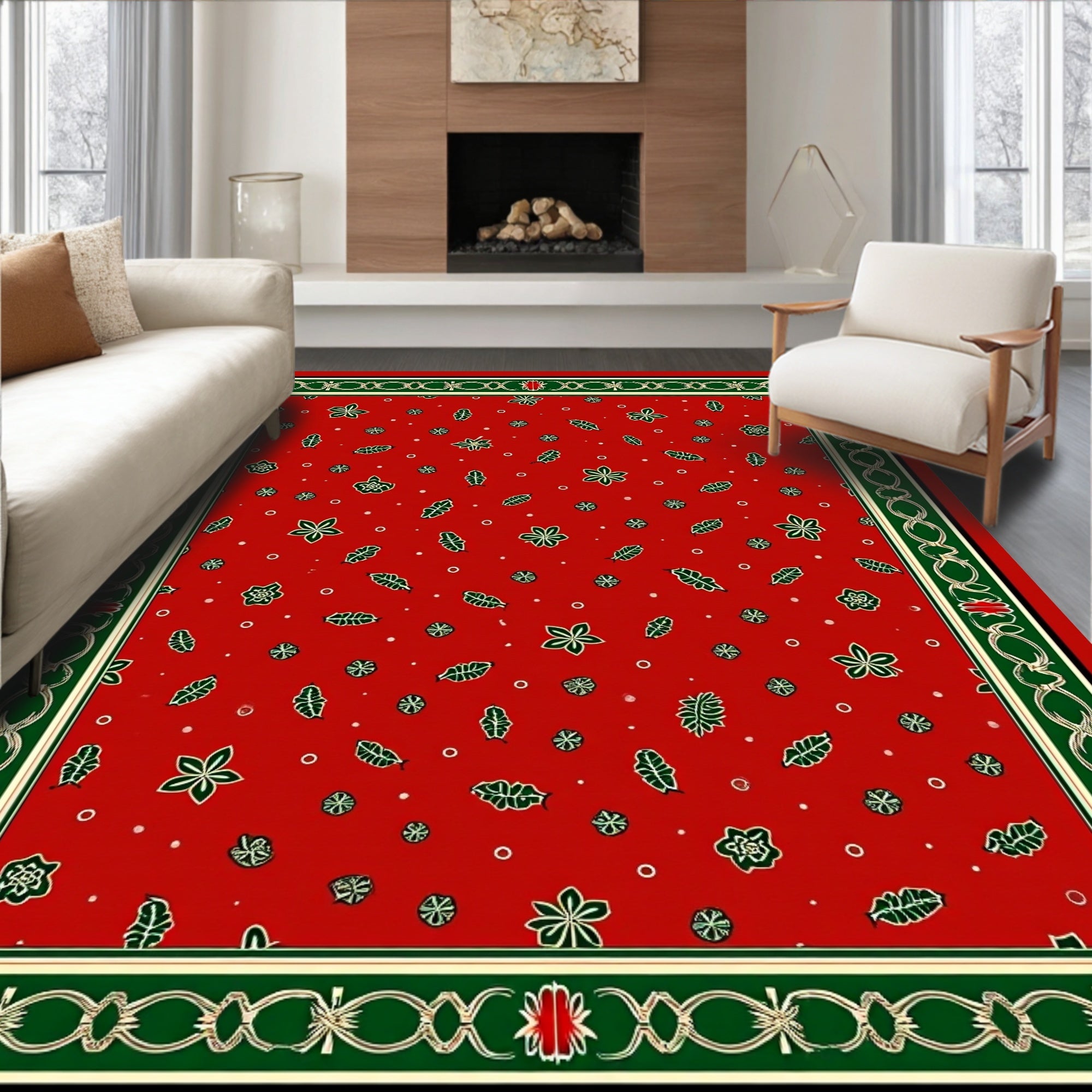 Crimson Leaf and Star Border Rug