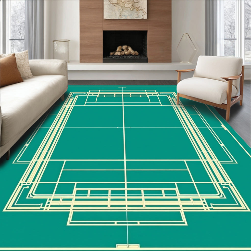 Teal Cream Geometric Layered Structure Rug