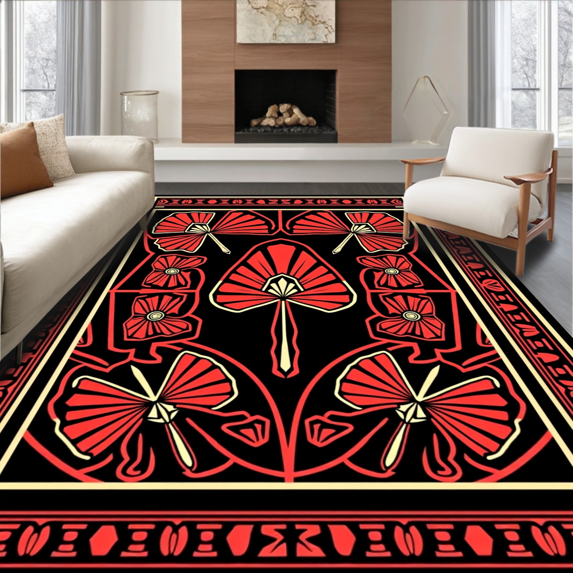 Crimson Black Fan Lotus Art Deco Rug