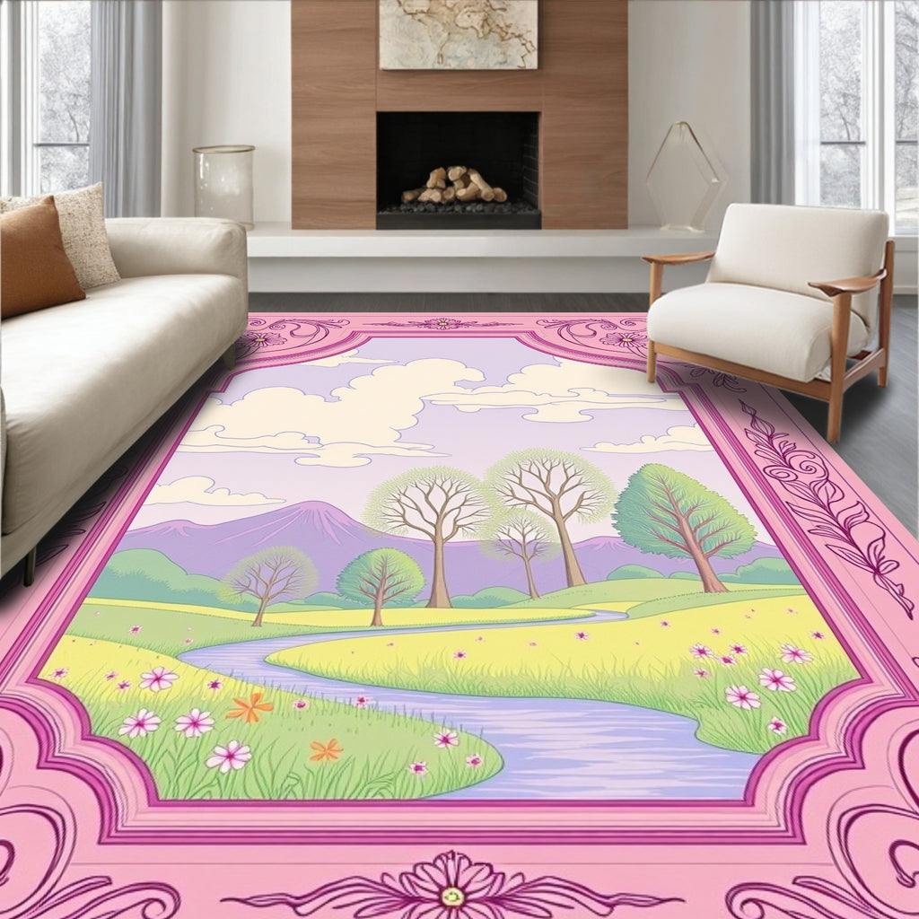 Pastel Pink Ornate Landscape Scene Rug