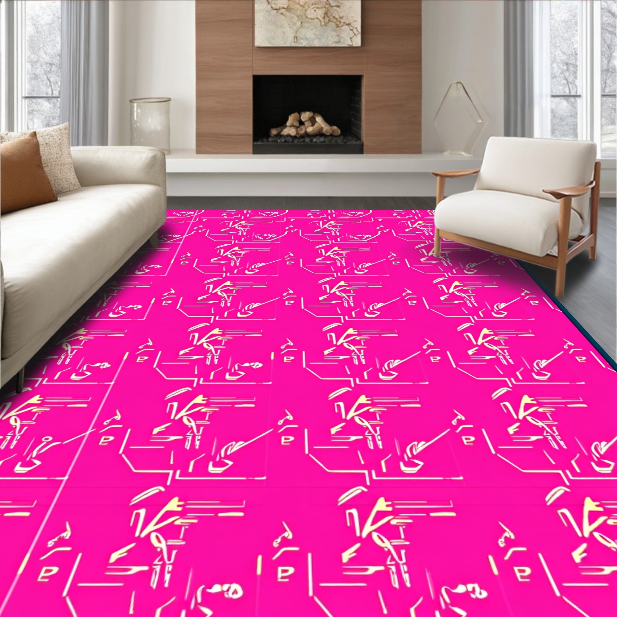 Hot Pink Abstract Figure Line Art Rug