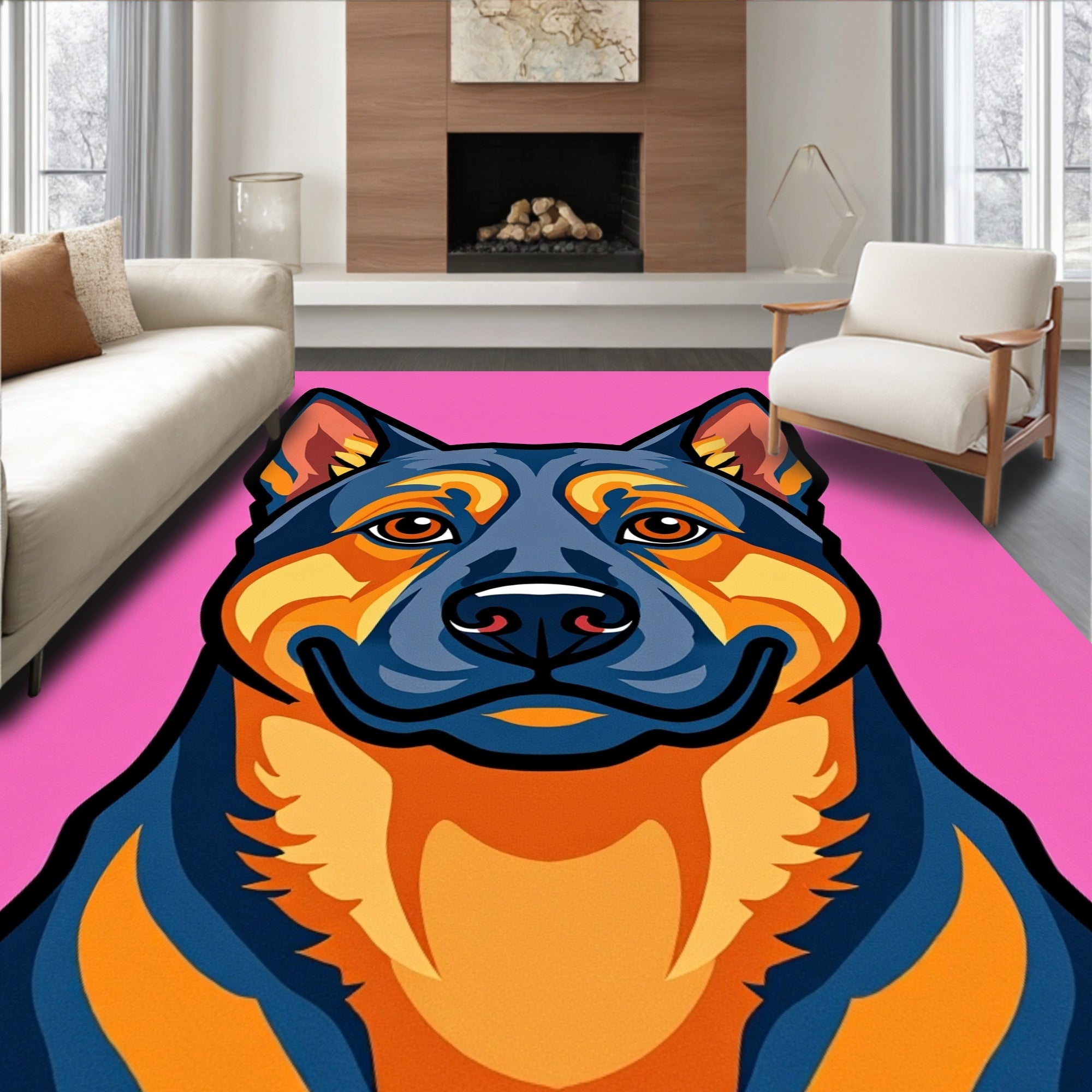 Vibrant Blue Orange Dog Portrait Rug