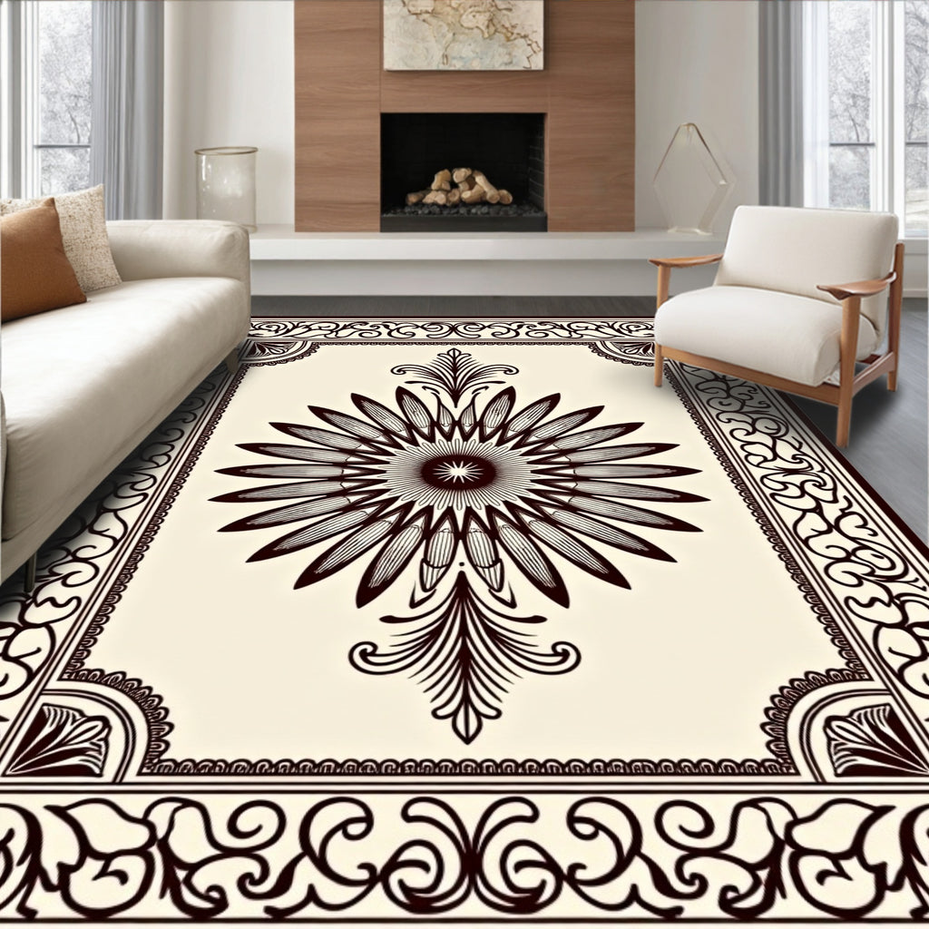Ornate Dark Floral Sunburst Frame Rug