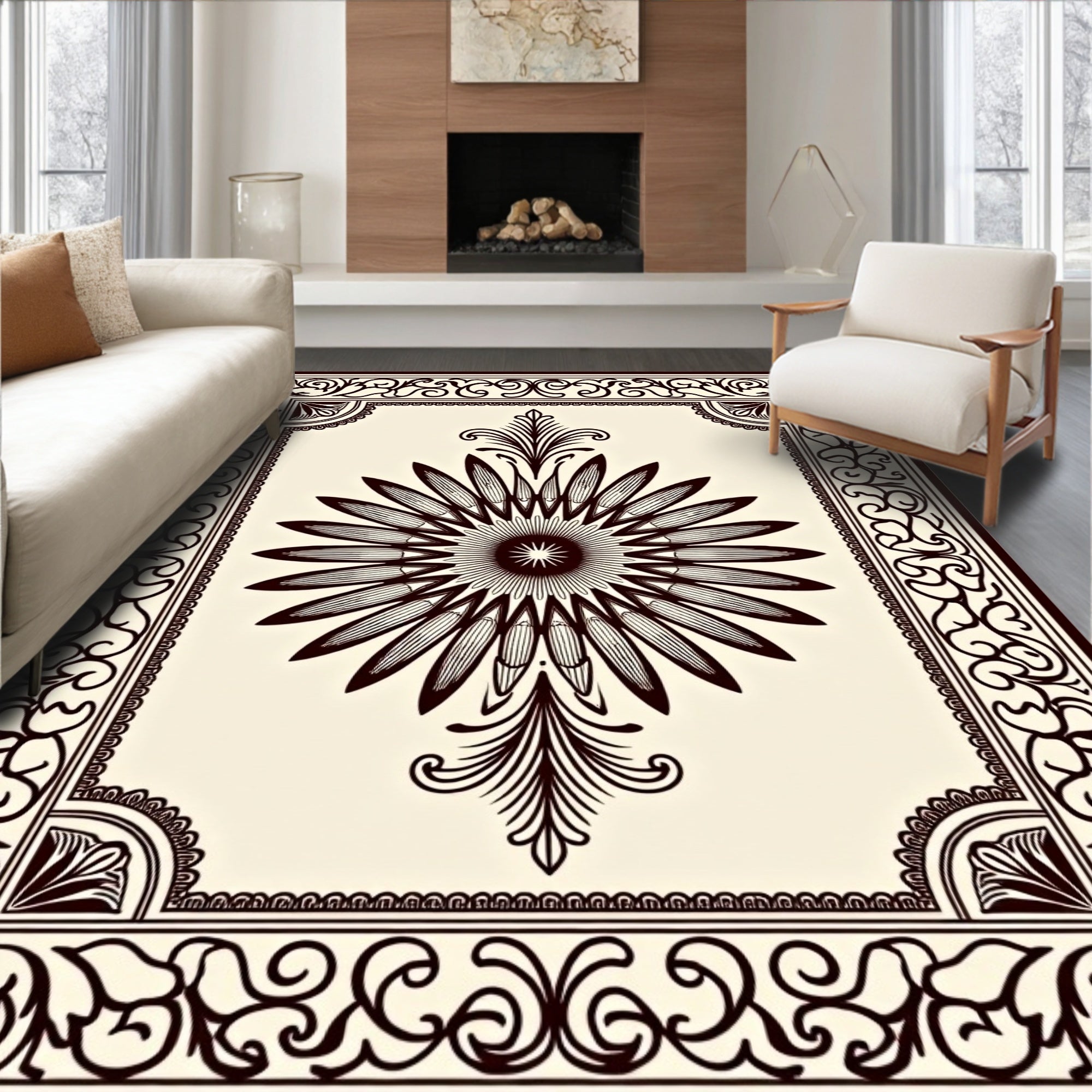 Ornate Dark Floral Sunburst Frame Rug