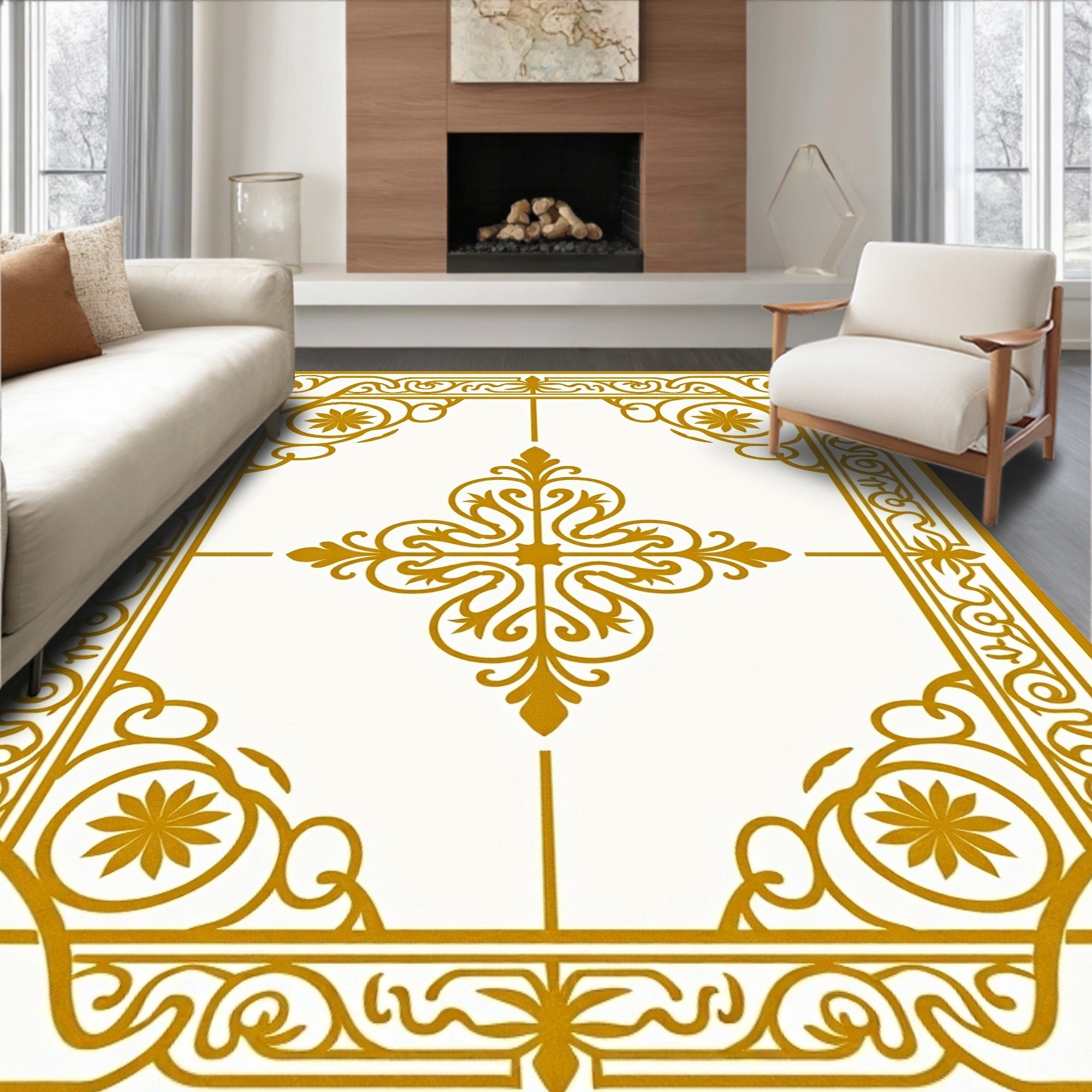Ornate Gold Scrollwork Floral Medallion Rug
