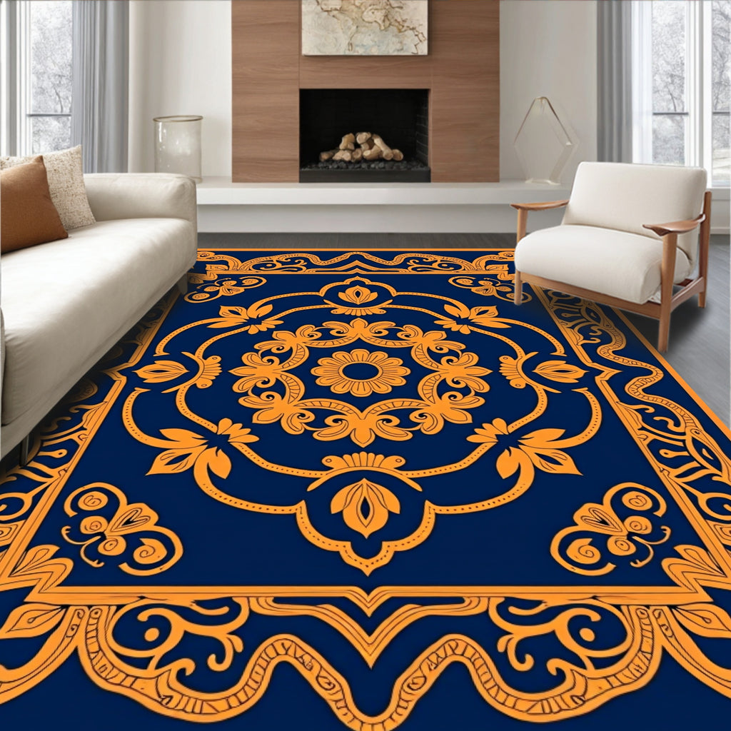 Navy Orange Floral Scroll Medallion Rug