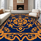 Navy Orange Floral Scroll Medallion Rug