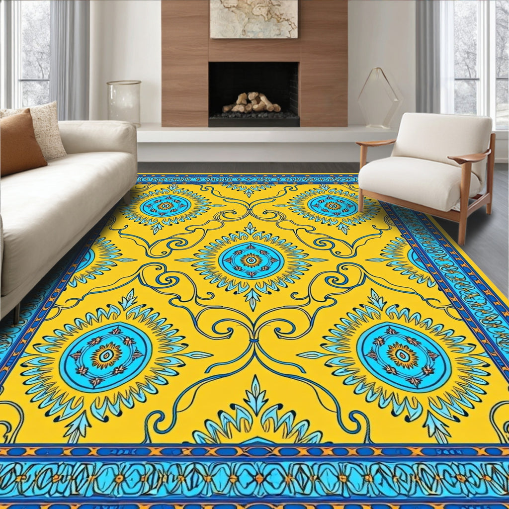 Golden Blue Circular Floral Medallion Rug