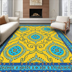 Golden Blue Circular Floral Medallion Rug