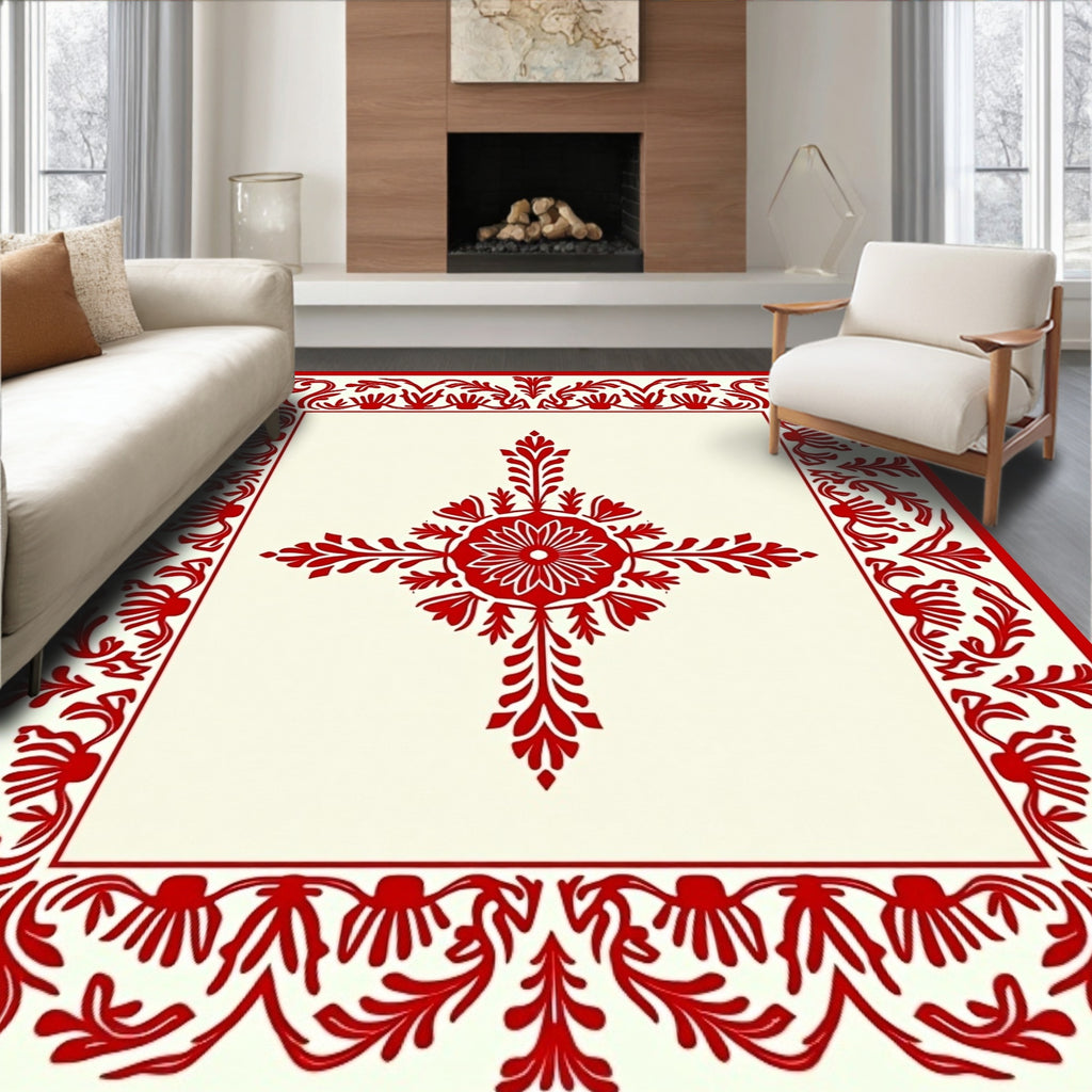 Bold Scarlet Floral Vine Border Rug