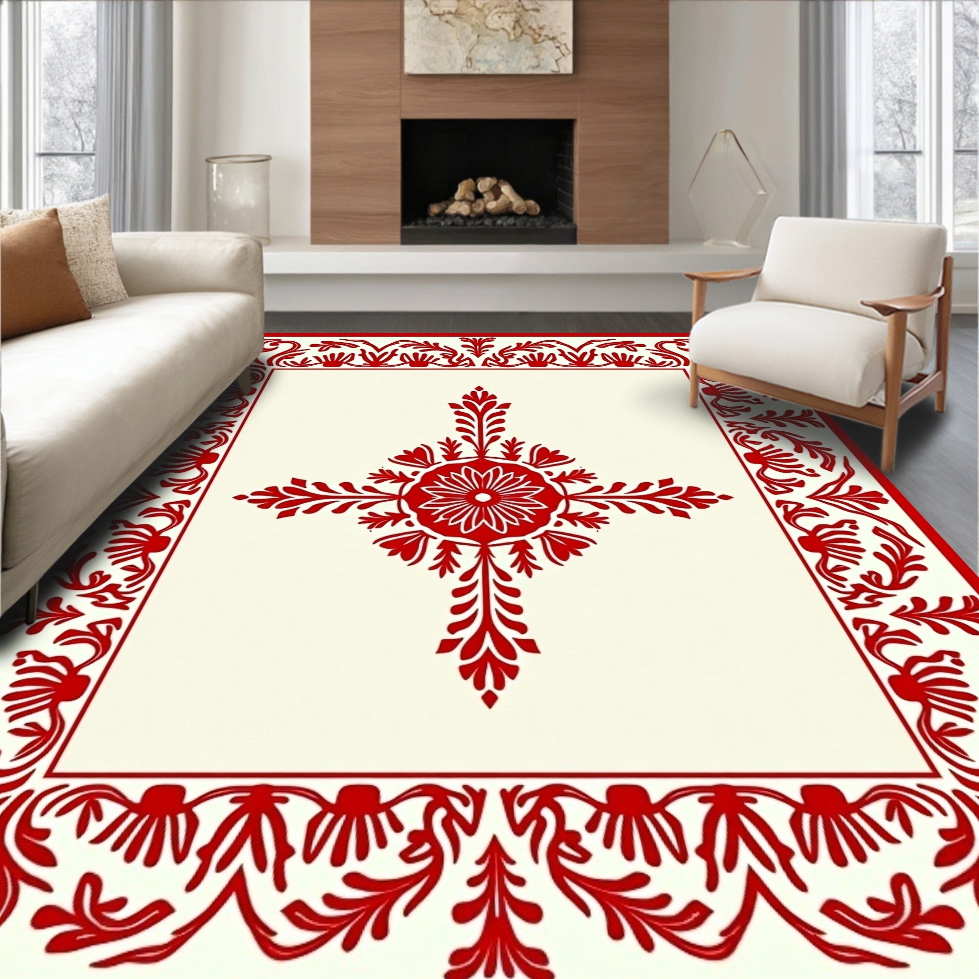 Bold Scarlet Floral Vine Border Rug