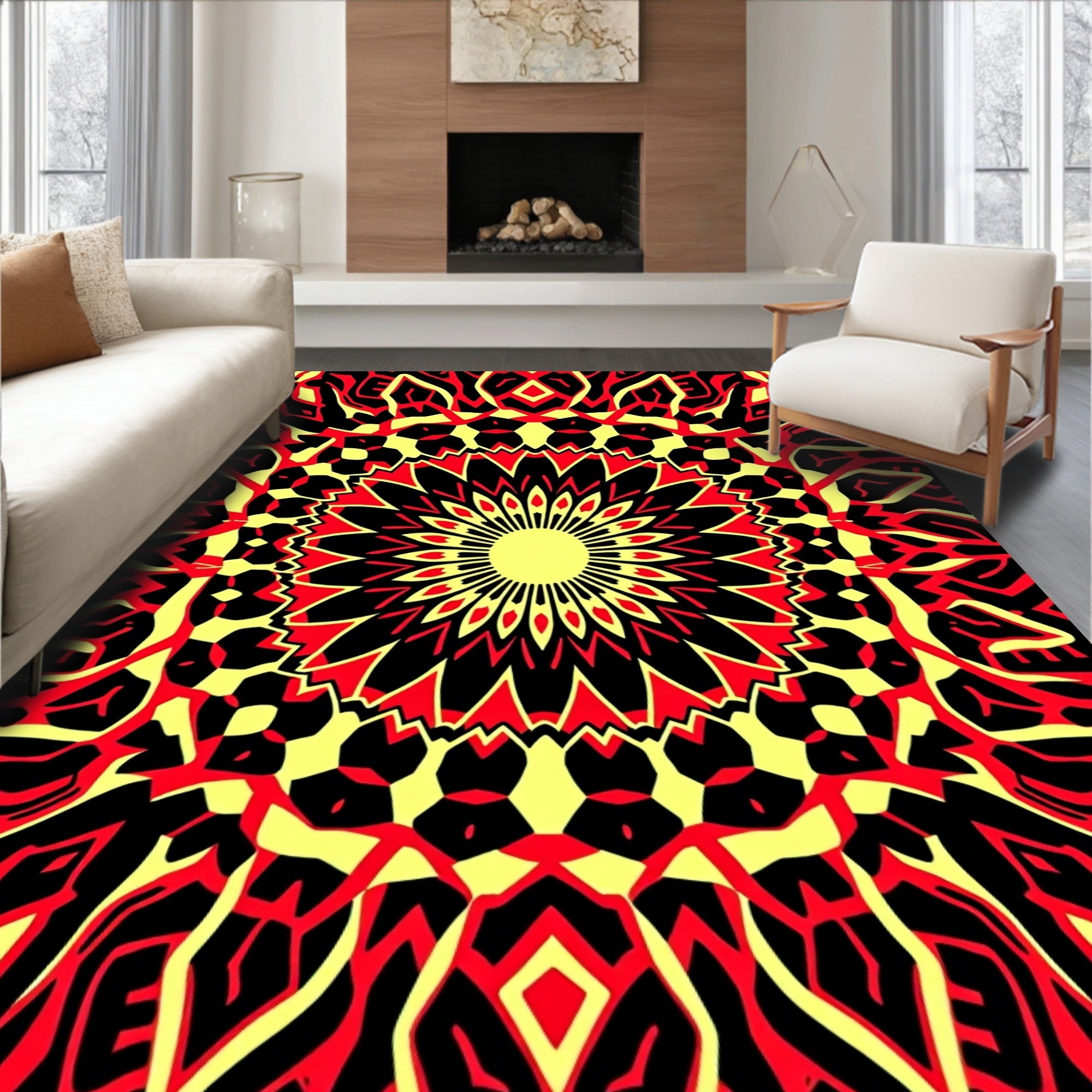 Crimson Yellow Mandala Sunburst Rug