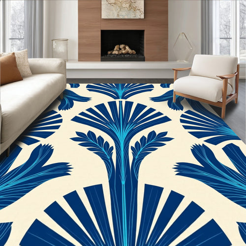 Art Deco Blue Palm Leaf Repeat Rug