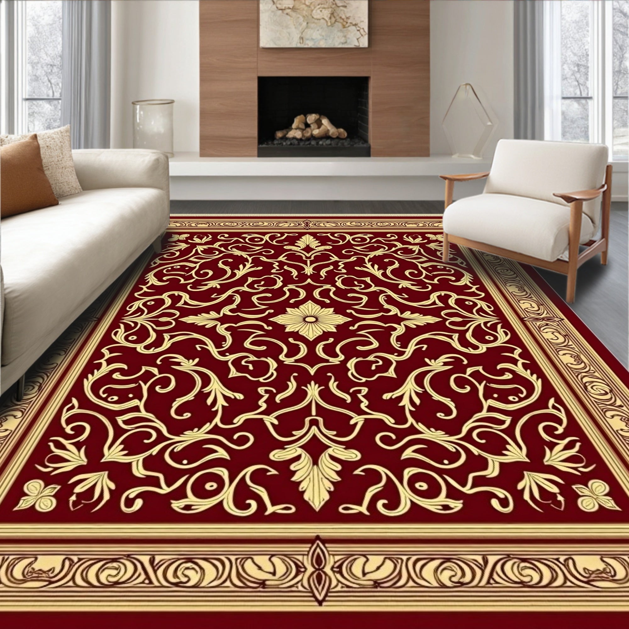 Deep Red Gold Filigree Scrollwork Rug