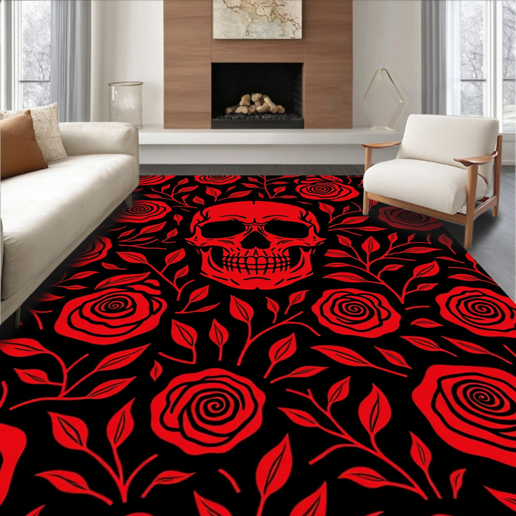 Dark Red Skull Rose Garden Rug