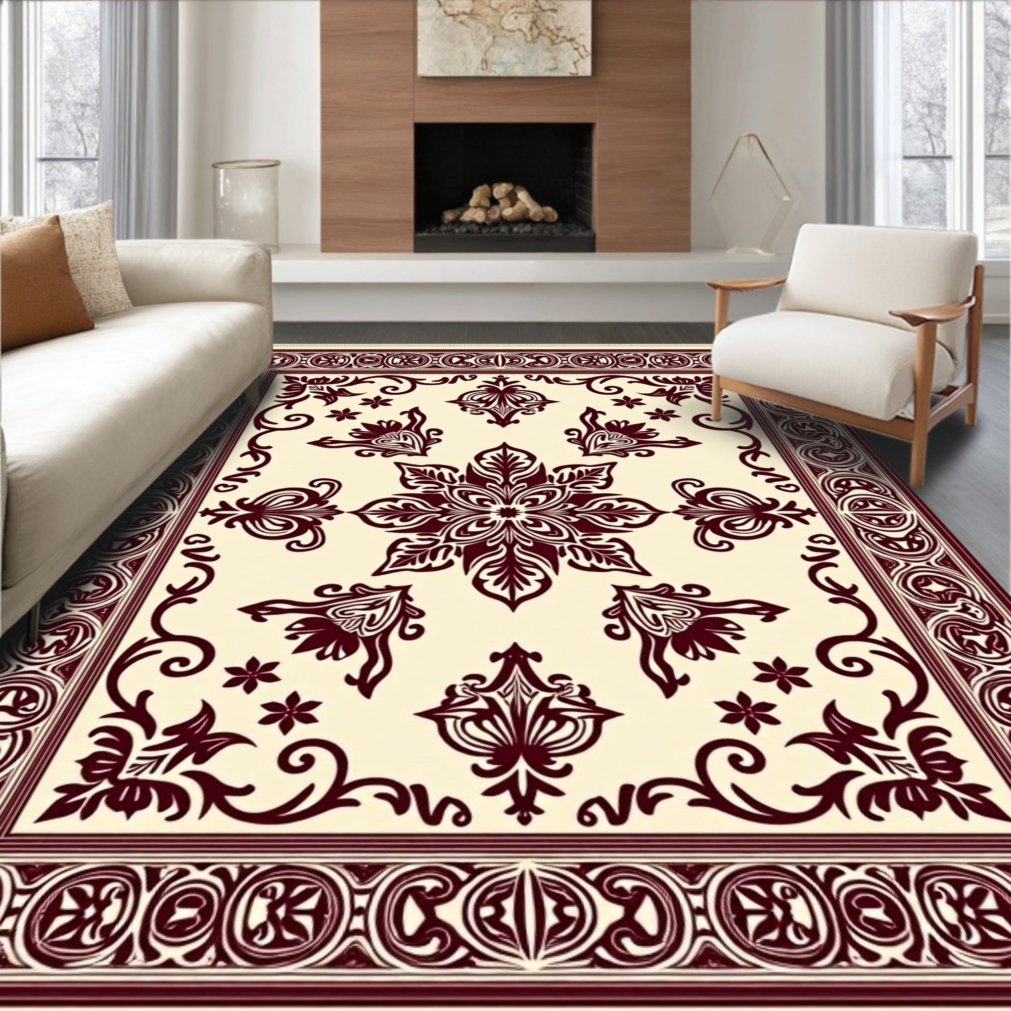 Deep Wine Floral Medallion Traditional Rug