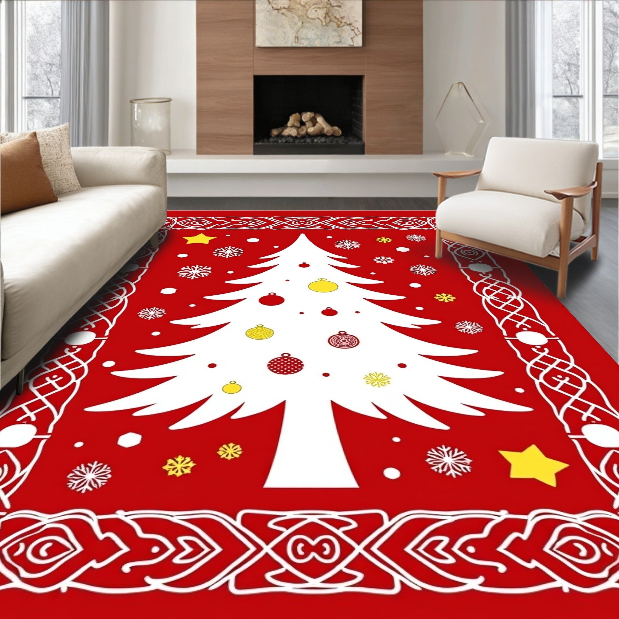 Red White Christmas Tree Ornaments Snowflakes Rug