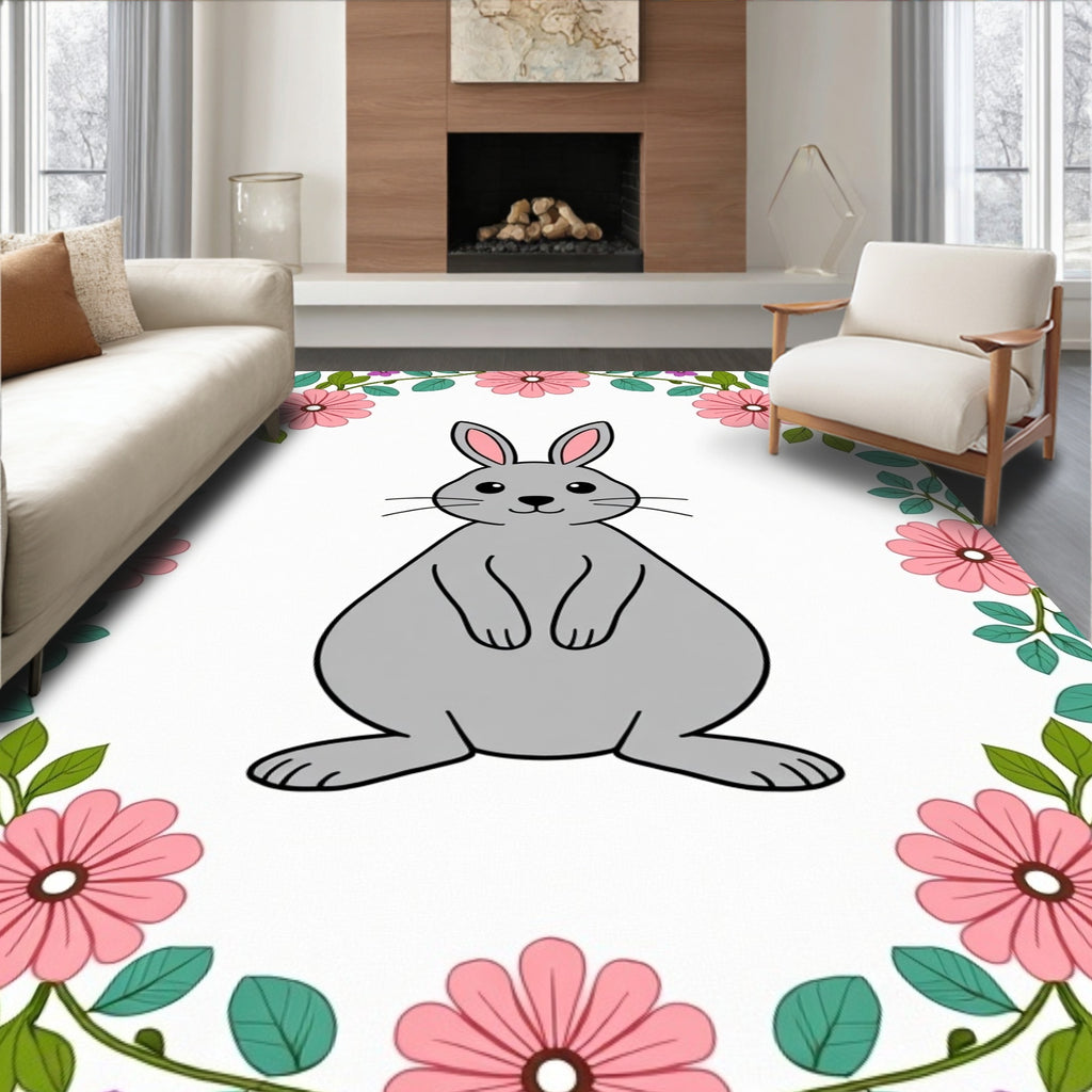Gray Bunny Surrounded by Pink Flowers Rug