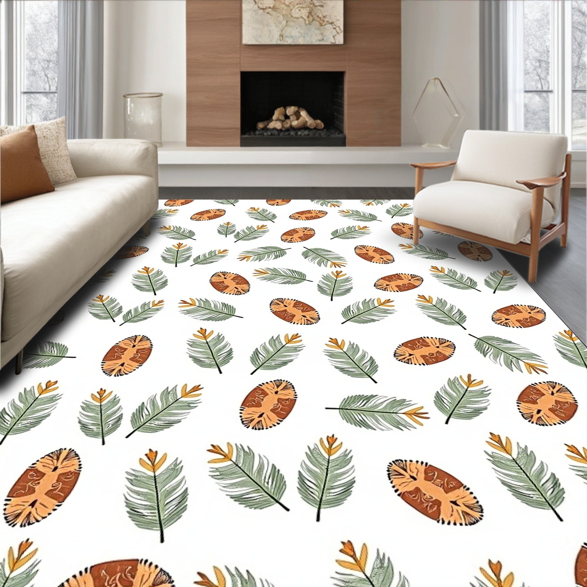 Green Fern Tan Oval Scattered Rug