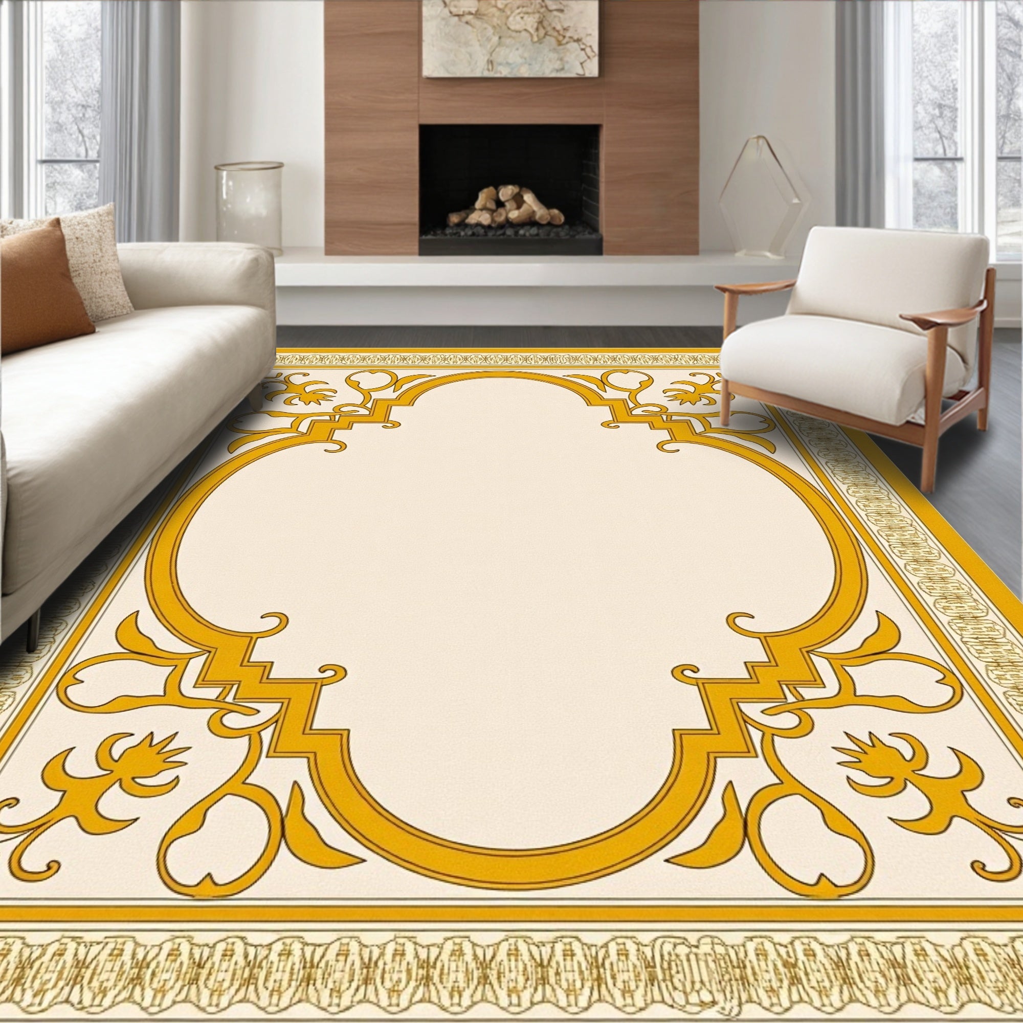 Golden Ochre Scrollwork Arch Rug