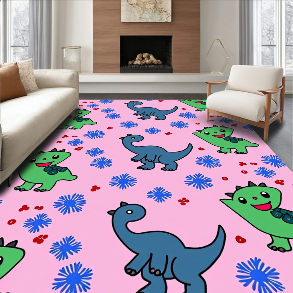 Cute Green Blue Dinosaur Floral Rug