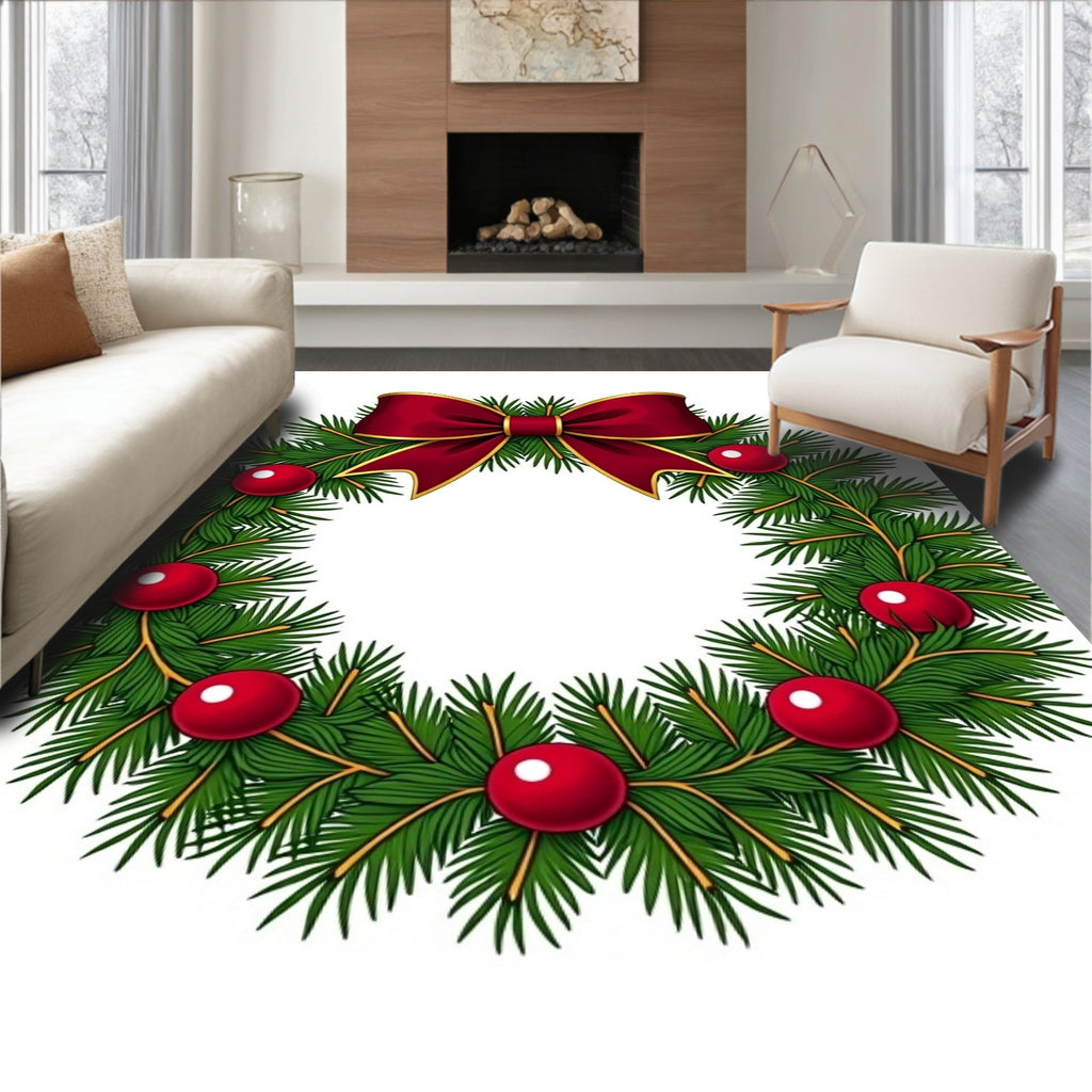 Festive Green Fir Bow Ornaments Rug