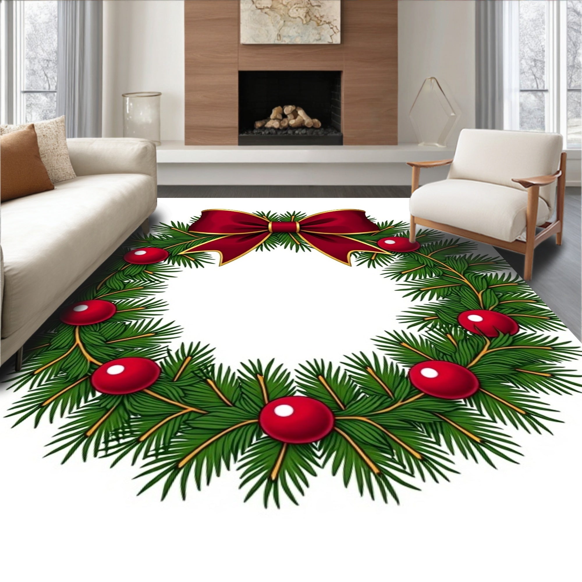 Festive Green Fir Bow Ornaments Rug
