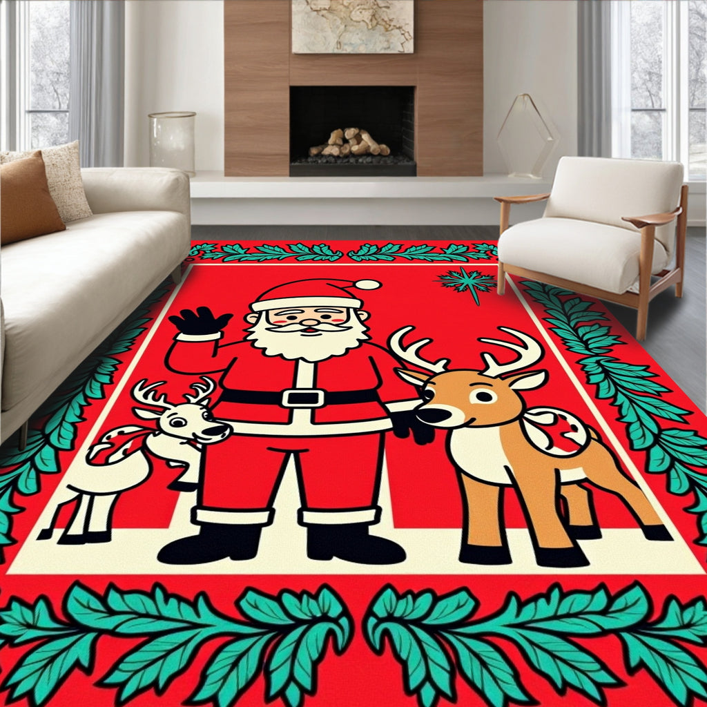 Festive Santa And Reindeer Holiday Aura Rug