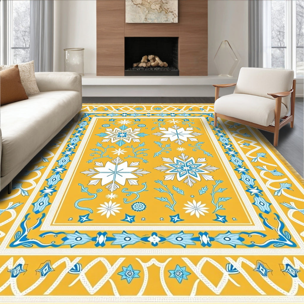 Golden Yellow Blue Starburst Floral Rug