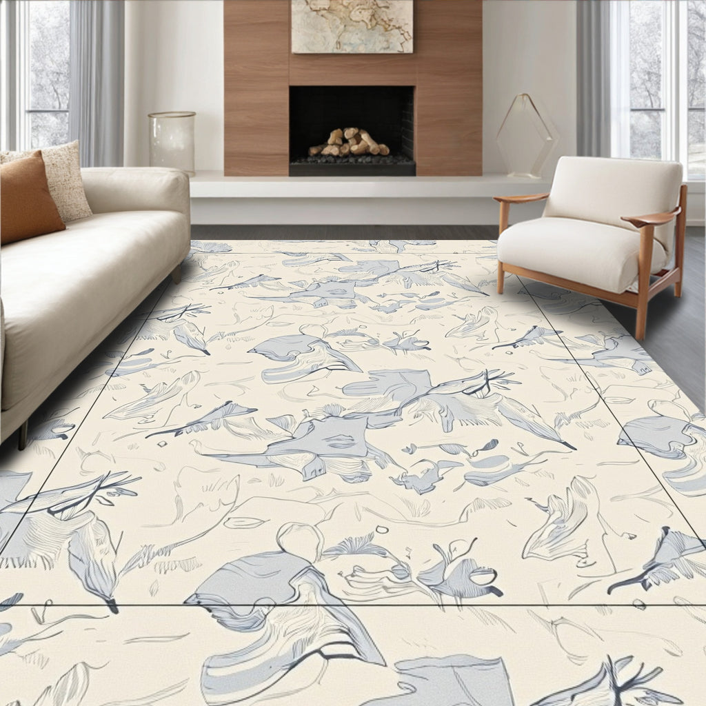 Cream Blue Abstract Cloud Swirl Rug