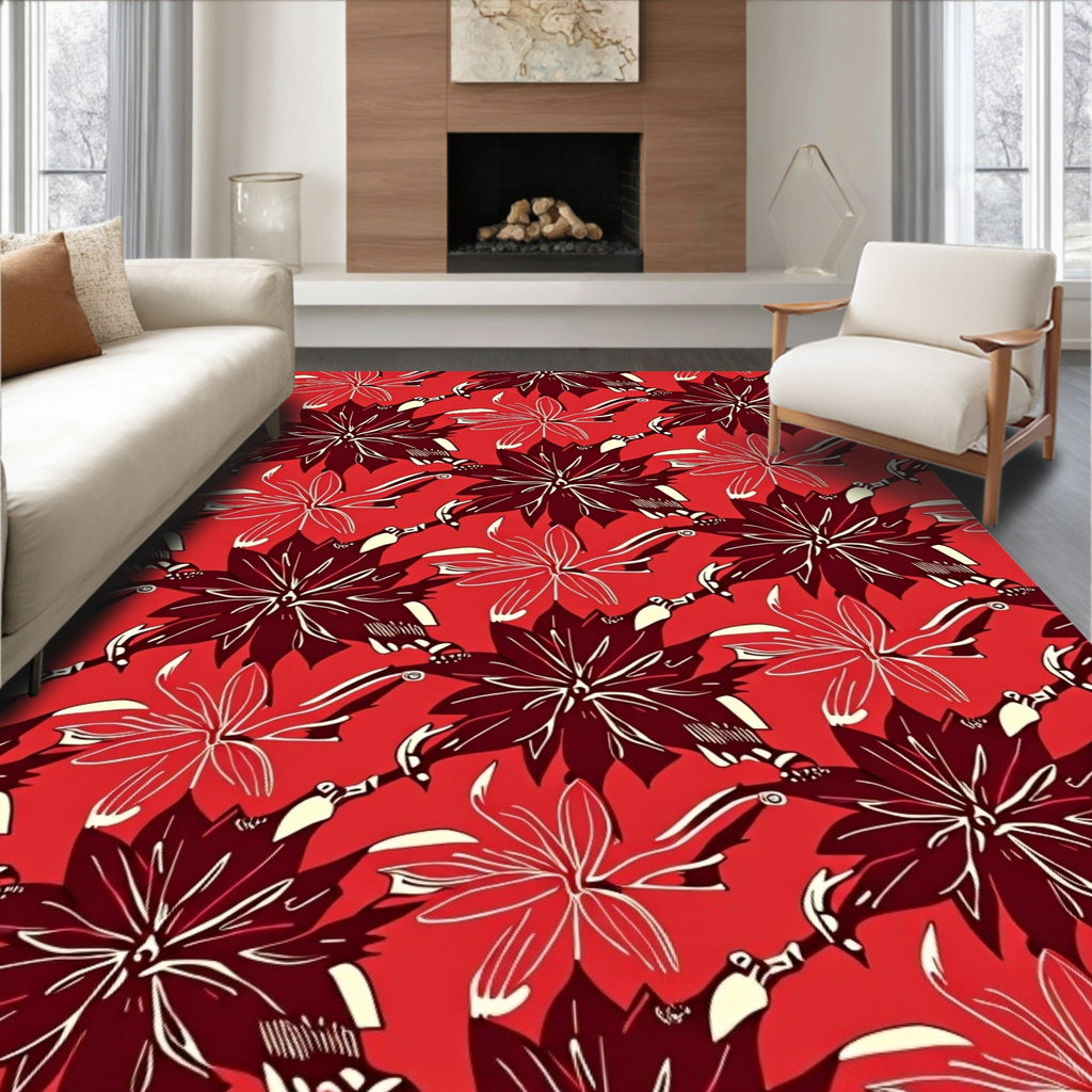 Bold Red Floral Branch Arrangement Rug
