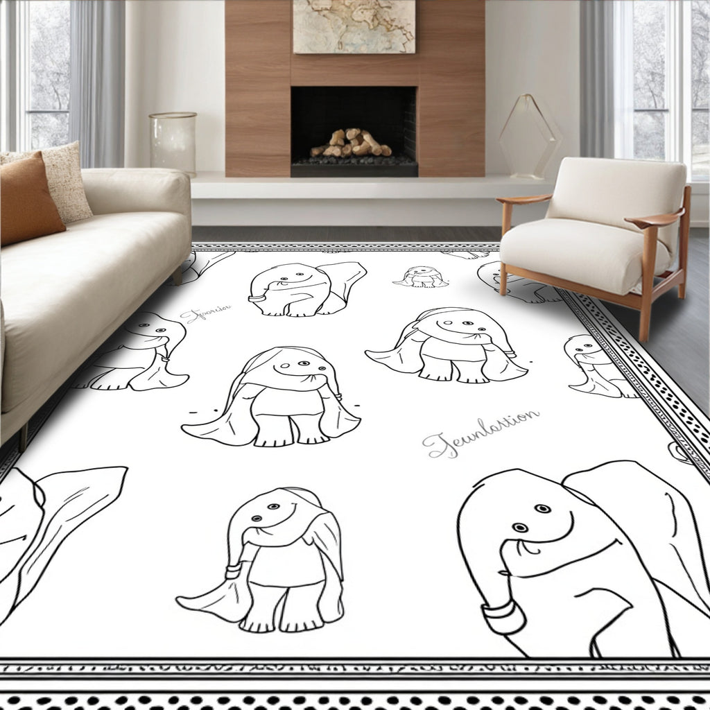 Whimsical Black White Elephant Collage Rug