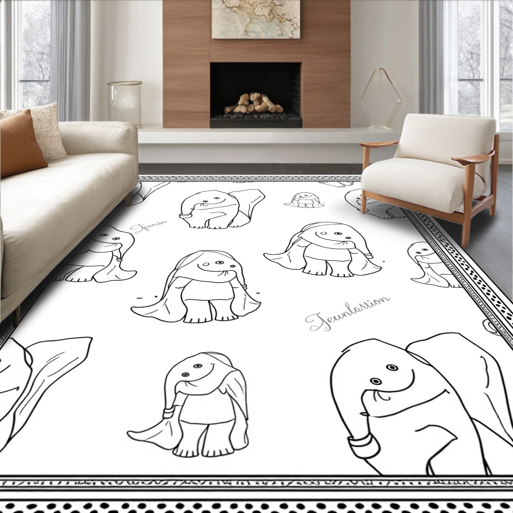 Whimsical Black White Elephant Collage Rug