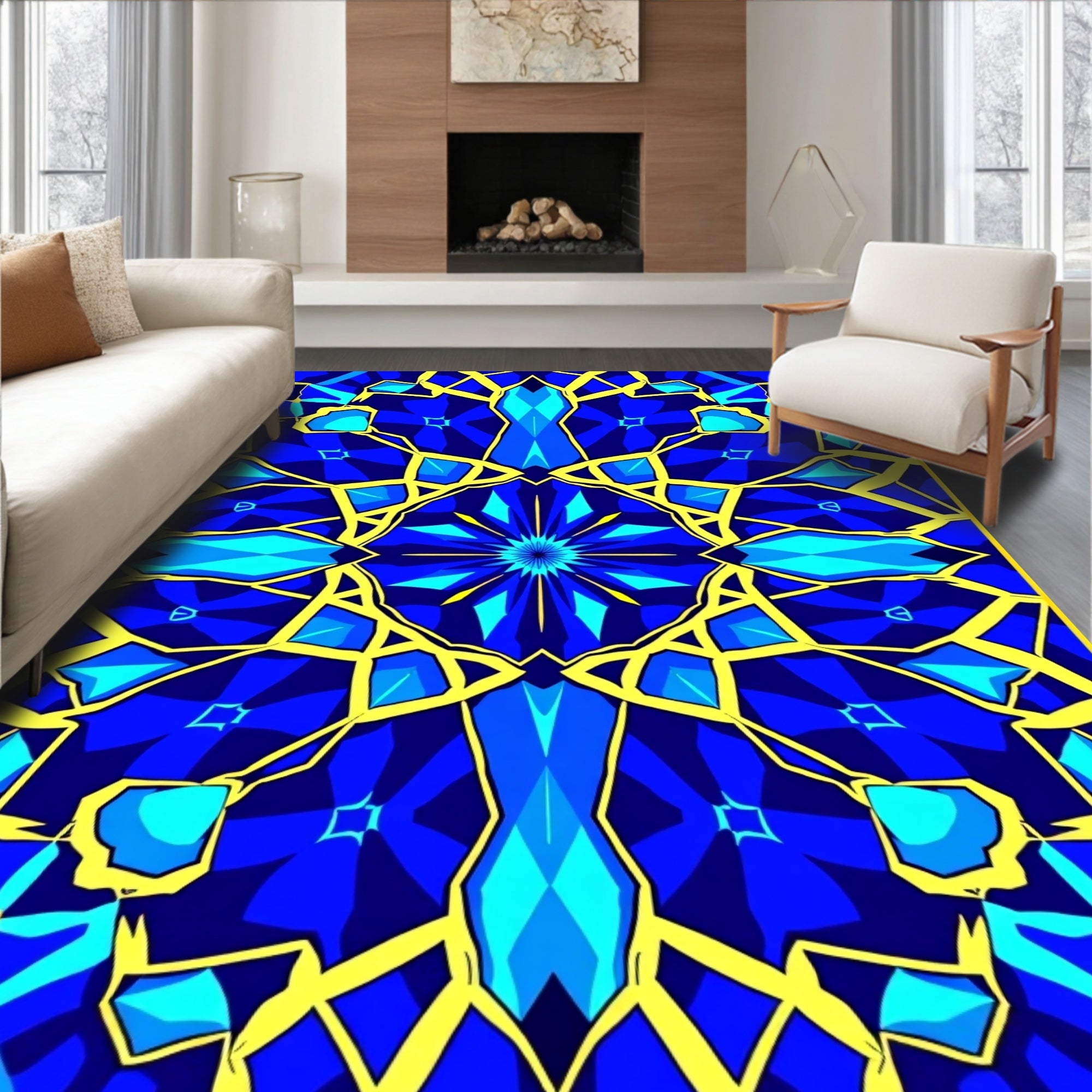 Electric Blue Yellow Geometric Sunburst Rug