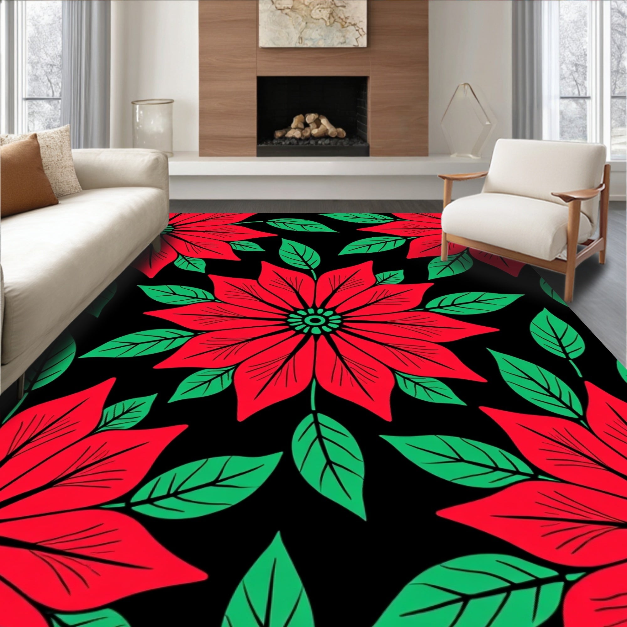 Bold Red Poinsettia Floral Black Rug